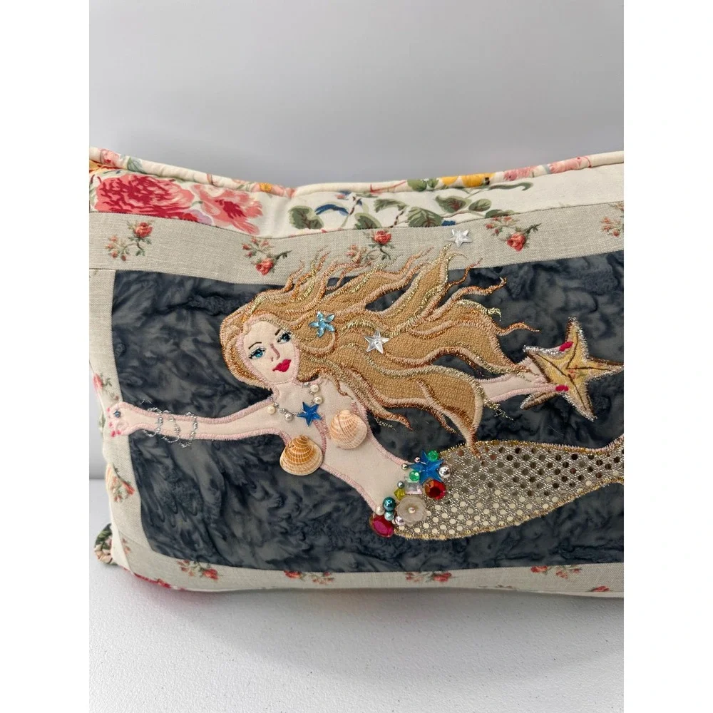 Handmade Mermaid Accent Pillow Embroidered Shells Floral 20x13 Coastal Decor